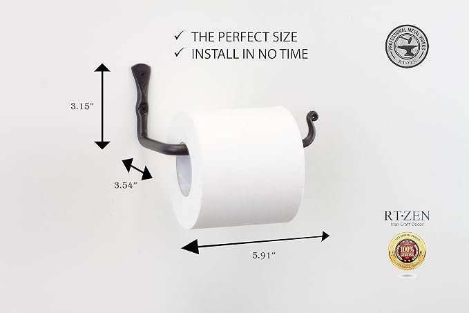 RTZEN Bathroom Toilet Paper Holder - Handcrafted Rustic Wrought Iron Wall Decor Toilet Roll Holder - Black Matte Wall Mount Bar for Modern Farmhouse Bathroom Decor