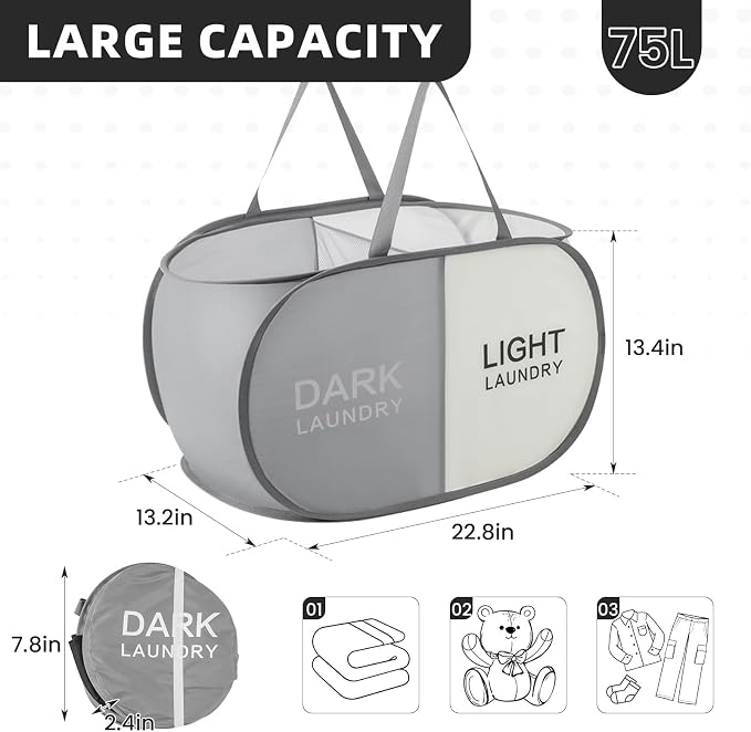 TECHMILLY Collapsible Laundry Basket Durable Pop Up Hamper with 2 Compartments for Sort and Storage, Portable Dirty Clothes Hamper for Dorm, Laundry Room or Travel (Grey + Begie)