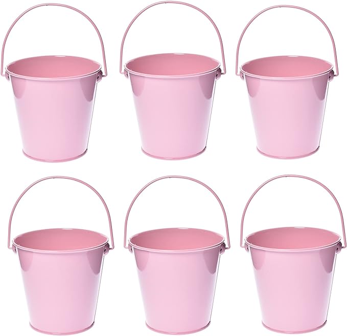 Small Metal Buckets with Handle, 6 Pack 4.3 Inch Colored Galvanized Bucket for Kids,Classroom,Crafts,and Party Favors (Pink, 4.3" Top)