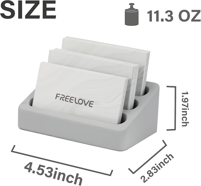 FREELOVE Desktop Card Holder, Concrete, Handmade, 3 Stair 3 Slots, Fits 30-50 Business Cards, Stone Weighted, Smooth Finish, Eva Base, Office Desk Organizer (Grey, Small)