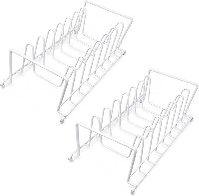 Huji Plates Holder Pots Pans Lid Organizer Rack for Cabinet, Pantry or Kitchen Counter (TWO, WHITE)