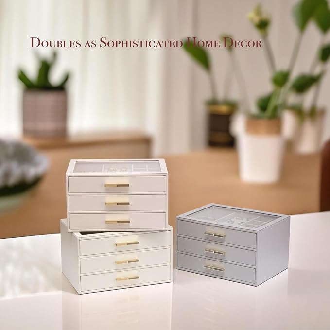 VLANDO 3-Drawer Jewelry Box with Glass Lid, Faux Leather Organizer for Rings Earrings Necklaces and More, Gift-Ready Jewelry Case for Women Girls or Moms, Grey