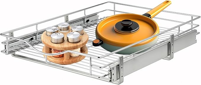 DINDON 1 Tier Pull Out Cabinet Organizer (11" W x 21" D) Heavy-Duty Metal Sliding Drawer Shelf, Slide Out Wire Basket for Kitchen Cabinets, Pantry, Bathroom, Chrome Finish…