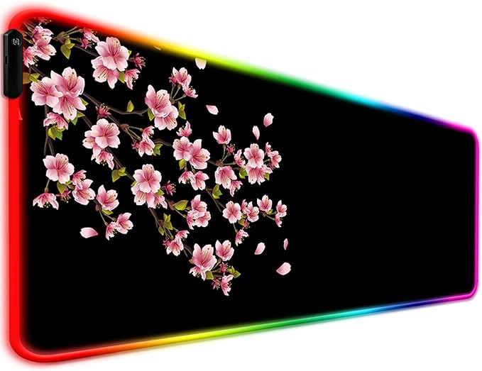 RGB Japanese Cherry Blossom Gaming Desk Mat, Computer Keyboard Large Extended Flowers LED Mouse Pad for Office and Home, 31.5×11.8 Inches, XL, Black