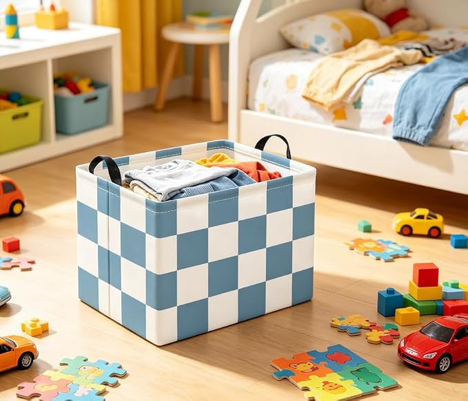 Rectangular Baby Kids Storage Basket for Home Kitchen Girls Cute Toy Storage Bin Organizer Shelf Book Room Decor(Blue Checkered)