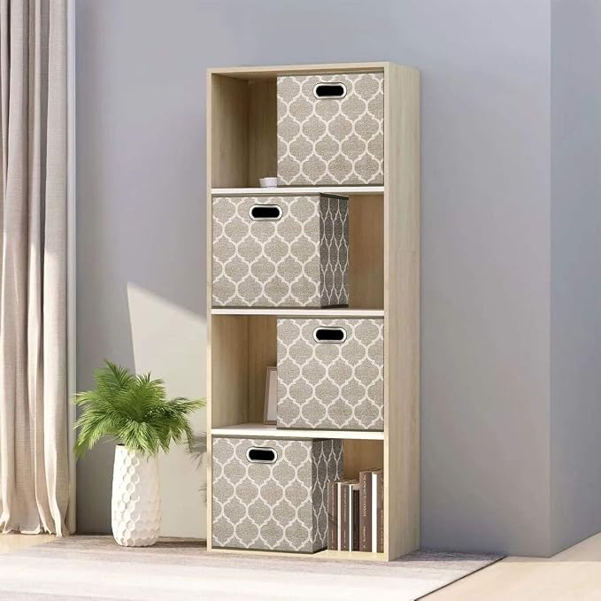 Cloth Storage Bins Set of 4 Thick Fabric Drawers Foldable Cubes Basket Organizer Container with Dual Metal Handles for Shelf Cabinet Bookcase Boxes Grey-Brown 13x13x13 inch