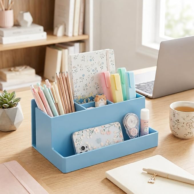 Acrimet Desktop Organizer - Multi Organizer Caddy Holder for Office, Home and School use (Plastic) (Solid Blue Color) | Office Notebook, Briefcase, Pads & Accessories