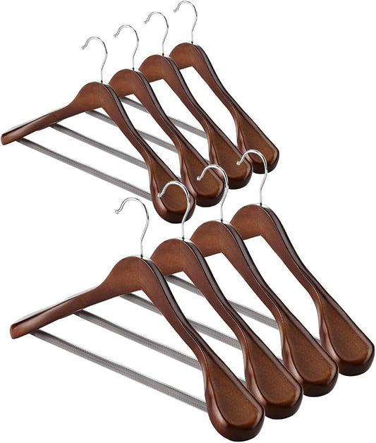 AMKUFO Wide Shoulder Wooden Hangers 8 Pack Coat Hanger with Non Slip Pants Bar, Heavy Duty Suit Hanger Wood Clothes Hangers with Smooth Finish 360° Swivel Hook for Sweater Jackets Shirts Walnut