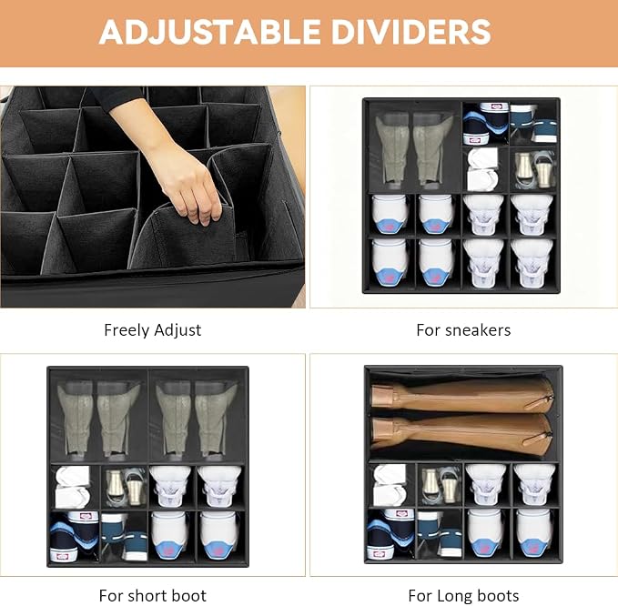 Shoe Organzier for Cloest - Adjustable Shoe Storage Box Fits 8-16 pairs,shoe Bin with Pop-Up dividers,Space Saver shoes Box organizer with Clear Dust Cover,Foldable shoe Cubby Storage Containers