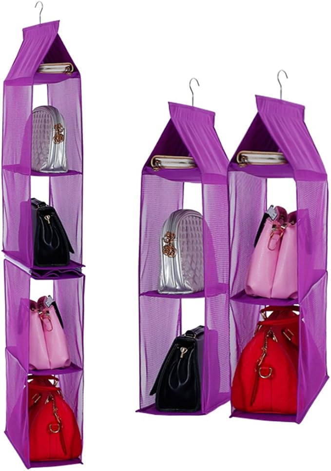 Detachable 4 Compartment Organizer Pouch Hanging Handbag Organizer Clear Purse Bag Collection Storage Holder Wardrobe Closet Space Saving Organizers System for Living Room Bedroom Home Use (Purple)