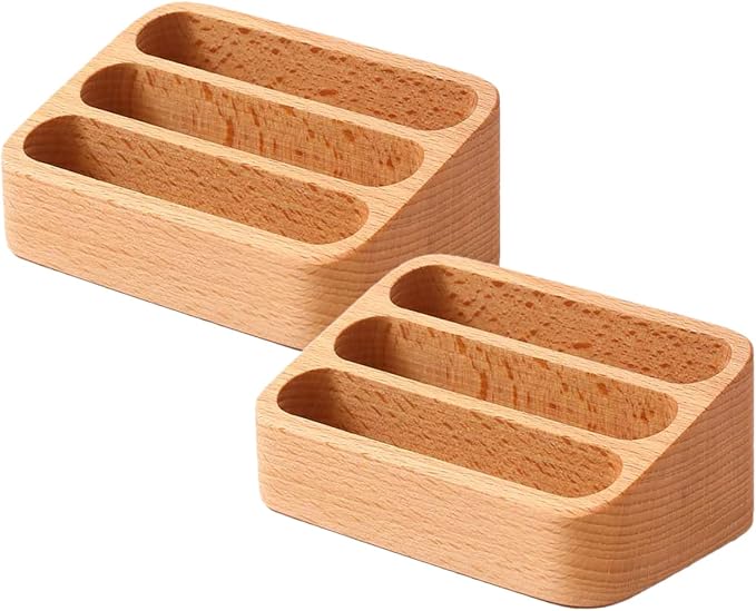 Sizikato 2pcs Beech Wood Business Card Holder for Desk, 3 Card Slots Business Card Display Holder Stand