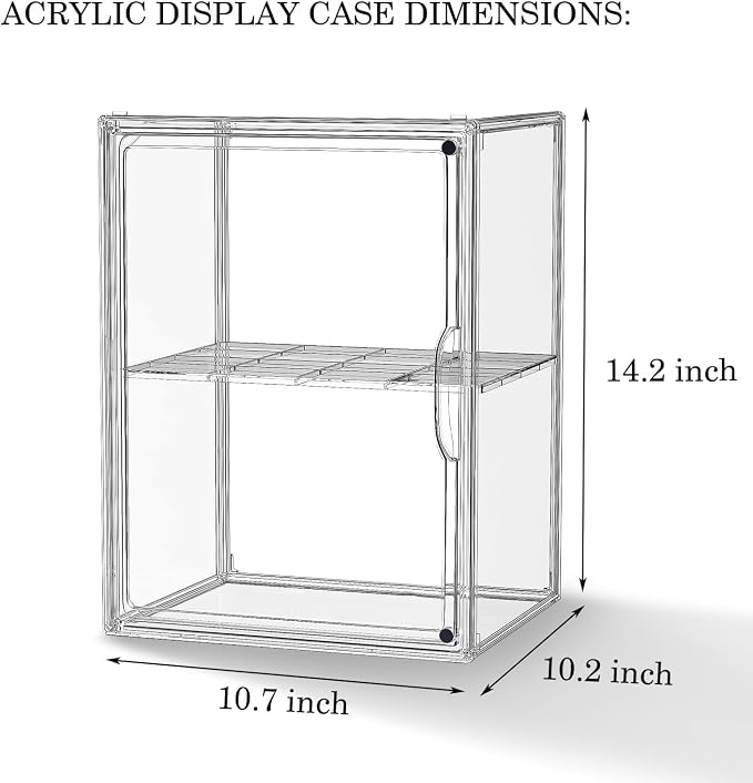 Acrylic Clear Display Case, Stackable Plastic Storage Bins with Shelf, Figure Figurine Hobby Display Case with Magnetic Lid, Large Acrylic Display Box for Collectibles, Figures, 2 Pack