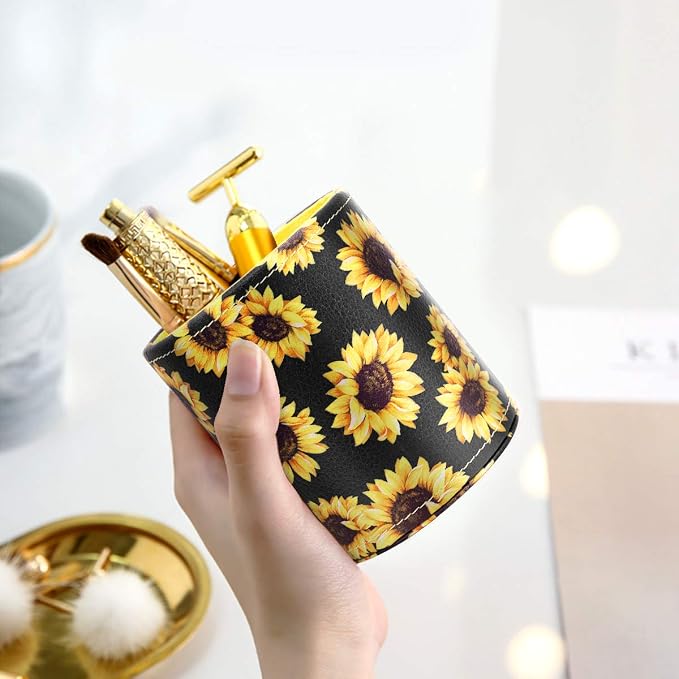 Pen Holder, Pencil Cup Desk for Women Girls, Luxury Makeup Brush Holder Large Pu Leather Multi-Functional Organizer Cup for Office, Classroom, Home, Sunflower