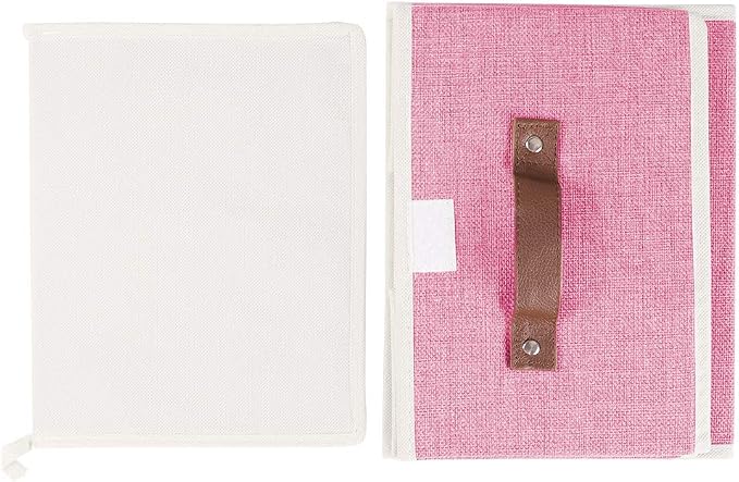 2Pack Storage Bins Boxes with Lids 15"x10"x10" Decorative Storage Baskets | Cotton Linen Fabric, Collapsible, Faux Leather Handles, Storage Cubes, Closet Shelf Clothes Organizer Container, Pink