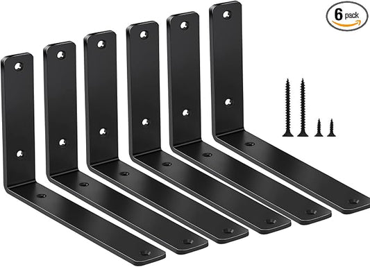 6 Pack - L 8" x H 6" x W1.5, 5mm Thick Black L Shelf Bracket, Iron Shelf Brackets, Metal Shelf Brackets, Floating Shelf, Shelf Supports with Screws