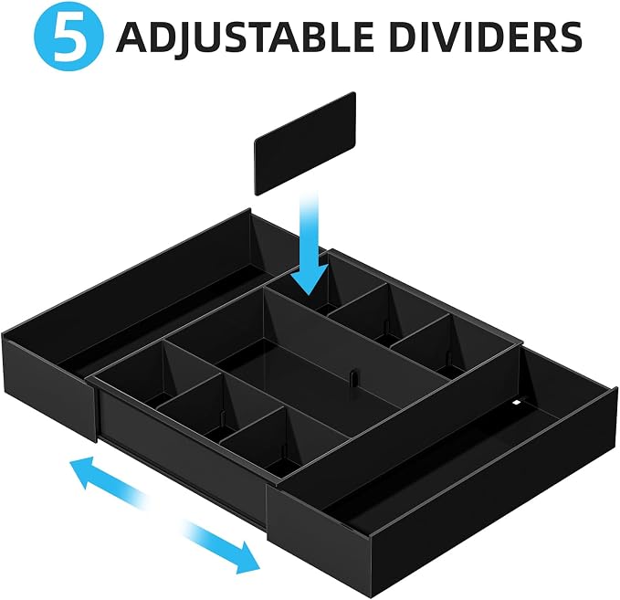 Marbrasse Expandable Desk Drawer Organizer, Clear Plastic Drawer Organizer Tray with 10 Adjustable Compartments, Desk Organizers and Accessories, 5 Drawer Dividers for Office Supplies, Makeup(Black)