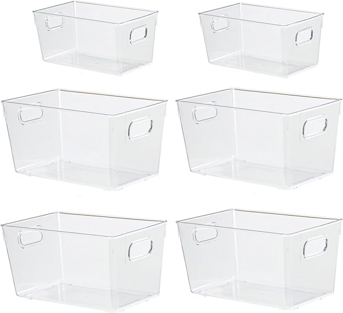 ZEXALOR 6pcs Plastic Storage Bin 2-Size Clear Storage Containers for Kitchen Pantry Organization and Storage Bins, Organizing Bins with Built in Handles, Cabinet Organizers, Clear