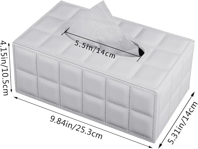 Tissue Box Cover Rectangle Tissue Box Holder PU Leather Facial Organizer with Magnetic Bottom,Decorative Napkin Caddy for Vanity Dresser Night Stand Table Countertop Home Office Car,White