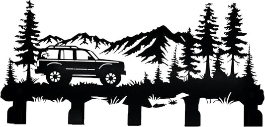 Metal Car Coat Hooks and Key Holder, Mountain Design Wall Art Decor with 5 Hooks, Clothes Hat Rack, and Backpack Hanger, Storage Decor for Living Room, Hallway, Office, Kitchen, Entryway, and Bedroom