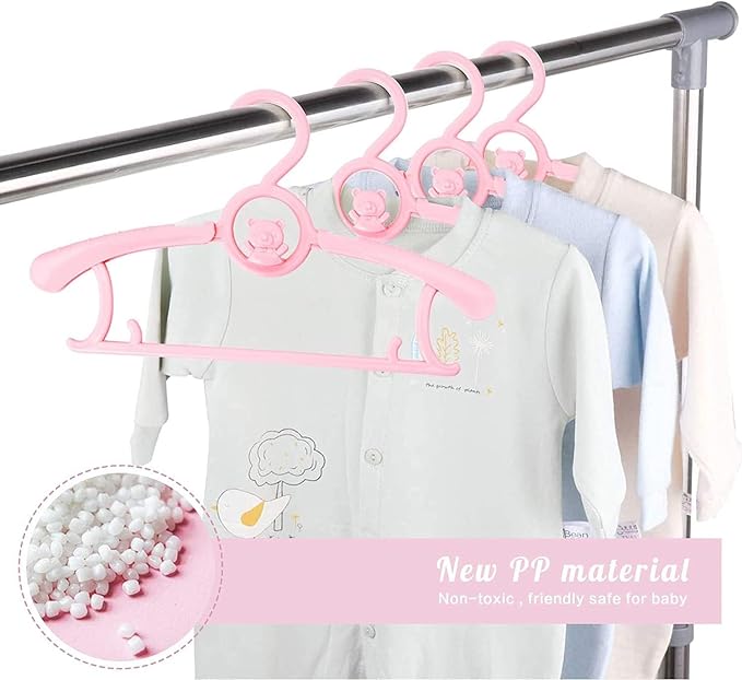 HGYZE Kid Hangers for Closet 50pcs, Pink Baby Clothes Hanger Plastic, 11-14" Adjustable Bulk Perchas for Newborn, Non-Slip Children Outfit Bear Hangar for Girl Boy Toddler Infant Nursery Clothing