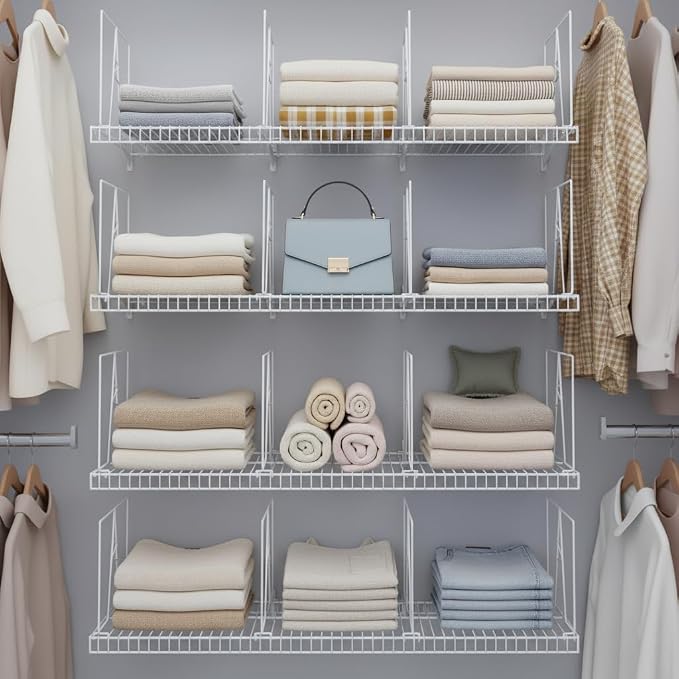 Wire Shelf Dividers - White Closet Organization & Storage Organizer - No Tool Shelf Divider for Wire Shelves - Metal Shelf Accessories – for 12“ Deep Wire Shelves – Tall 12” Height – 24 Pack