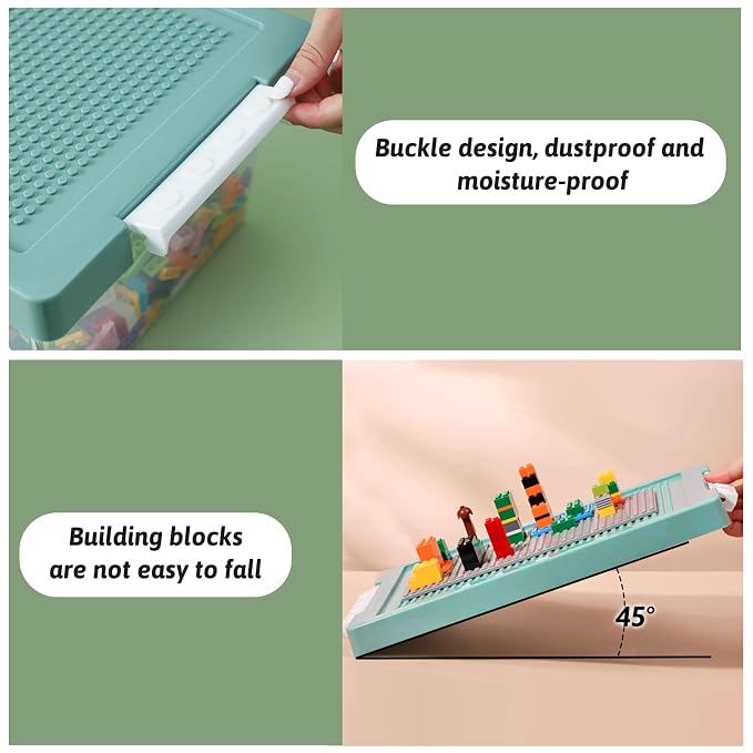 Plastic Storage Bins with Lids - 1 Set Stackable Arts Crafts Organizer Box with Removable Divided Tray &Compatible Building Baseplate,Toy Chest Containers for Bricks -Green(14.37"x9.64"x6.69")