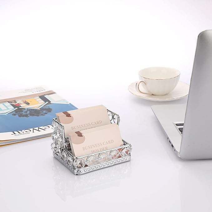 Hipiwe Crystal Business Card Display Holder for Desk with 2-Slot Organizer | Mirrored Base Business Name Cards Storage Holder for Office Countertop, Silver
