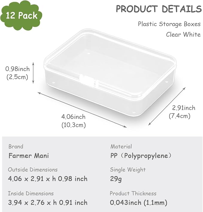 12 Pack Clear Plastic Beads Storage Containers Box (4.06 x 2.91 x 0.98 in) with Lid, Small Plastic Containers for Storage of Small Ite ms, Crafts, Jewelry, Hardware