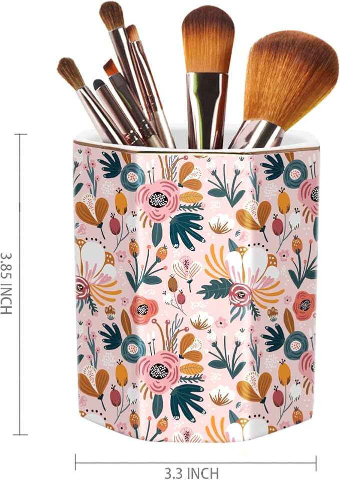 Ceramic Floral Pen Pot, Colored Pencil Container Cute Decor for Room, Office, School, University, Makeup Brush Holder for Girl Women Adult Teen Gift, Pink Flower