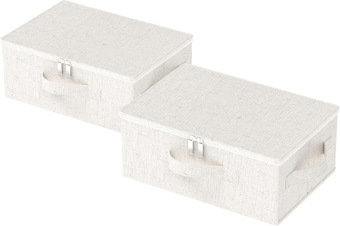 Underbed Storage Box with Lid, Foldable Clothes Organizers, Home Organising Baskets for Clothes, Shoes, Blankets, Pillows, 14.9x10.2x5.9Inches, Beige, 2 Pack