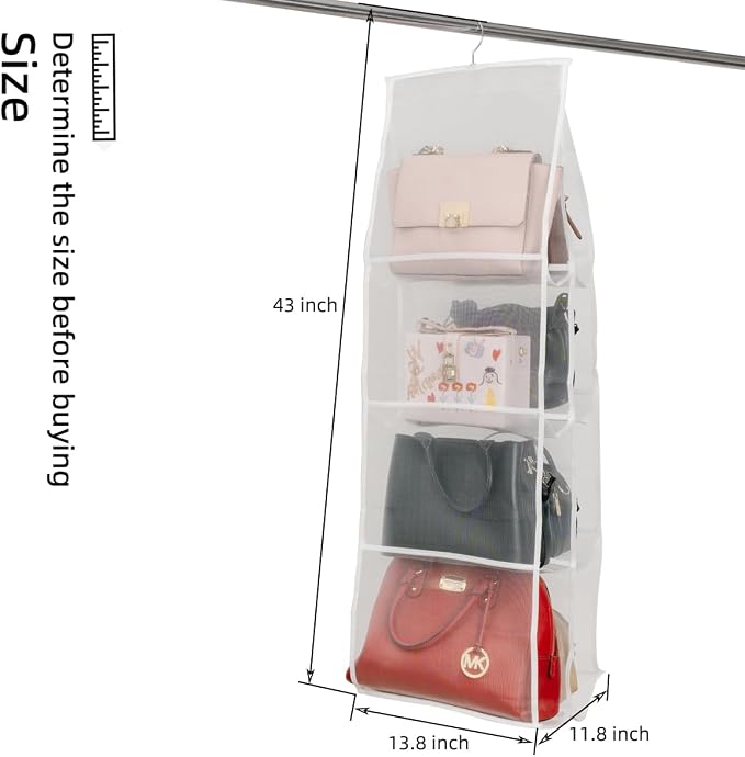Hanging Purse Organizer for Closet Handbags Storage 2 Pack 8 Pockets and 6 Pockets Purse Organizer with Metal Hooks - White Nylon