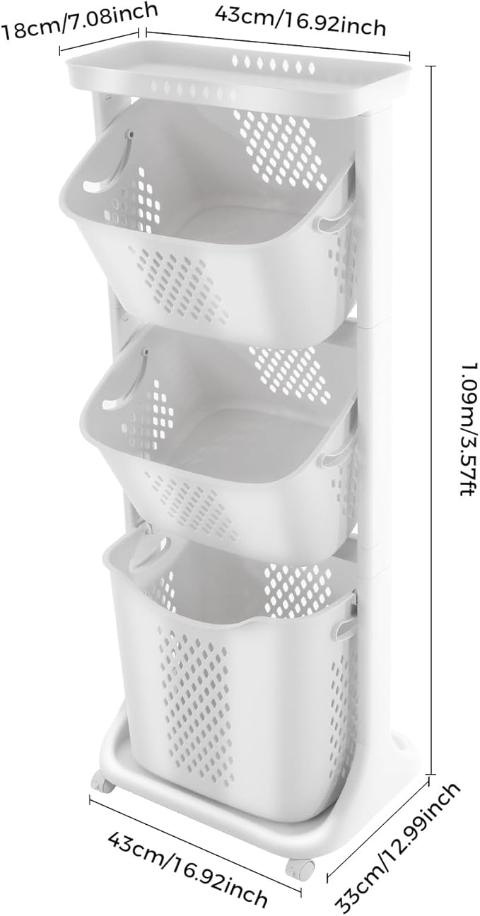 3 Tier Laundry Hamper Basket Sorter Clothes Storage Organizer Shelf Rolling Cart