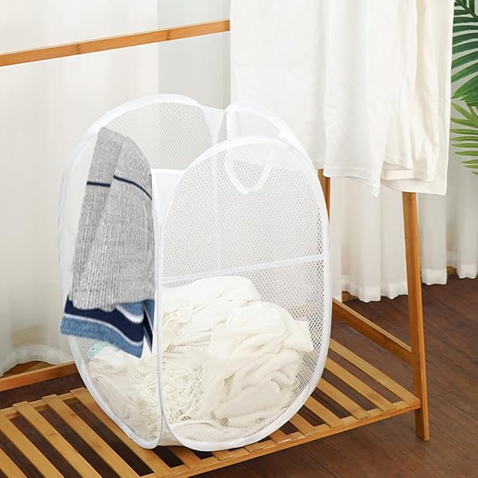 Larpur Popup Laundry Basket, Mesh Clothes Hamper Portable Laundry Hamper with Reinforced Carry Handles, Collapsible for Storage (White)