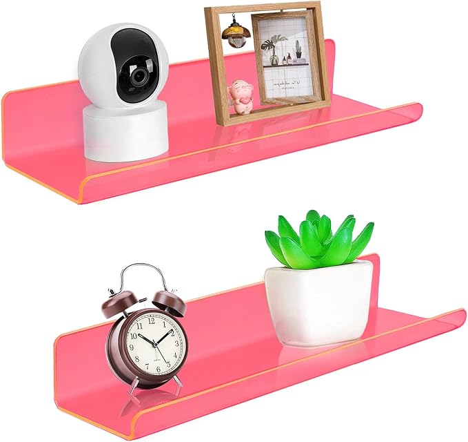 ROYALITA 2-Pack Small Acrylic Shelves Wall Mounted, 12 in Display Shelves | for Small Items, Plants, Room Decor Floating Wall Shelves for Gaming Room, Bedroom, Living Room, Office, Pink