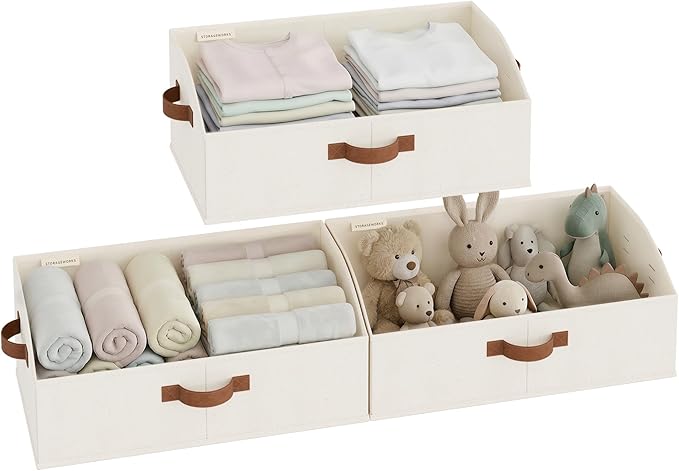 StorageWorks Closet Organizers and Storage, Trapezoid Storage Bins, Fabric Clothes Closet Bins, Storage Baskets for Shelves, Toys, Towels, Large, Ivory White, 3-Pack