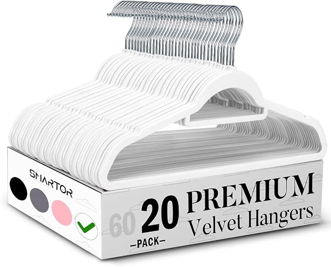 Smartor Velvet Hangers 20 Pack, White Space Saving Hanger with Tie Bar | Non-slip Felt, Shoulder Notches and 360° Hooks Keep Suits, Dresses and Pants Secure for Closet Organized, Holds up to 10 lb