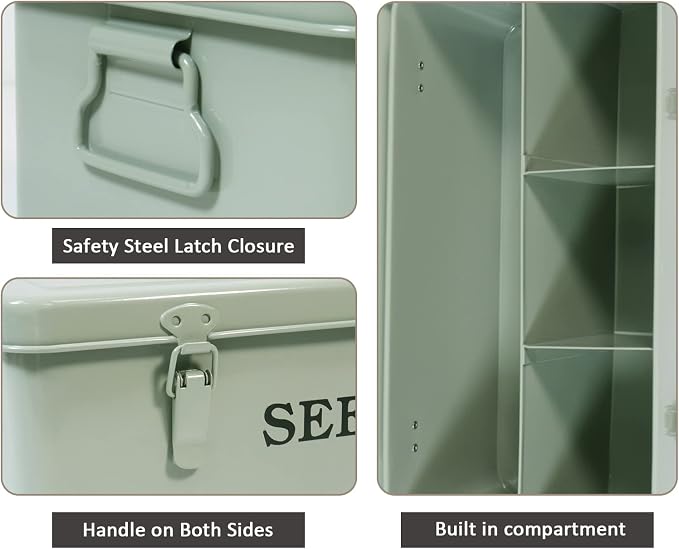 Seed Saving Box, Metal Seed Bin, Seed Storage Organizer Box, Seed Packet Container with Lid, Seed Envelope Storage Box, 4 Compartments Garden Seed Bin with Safety Locks-Green