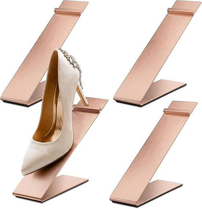 Therwen 4 Pcs Gold Shoe Display Stand Shoe Rack Stainless Steel Golden Metal Riser High Heel Display Rack Holder for Home Shopping Malls (Shape V,Rose Gold)