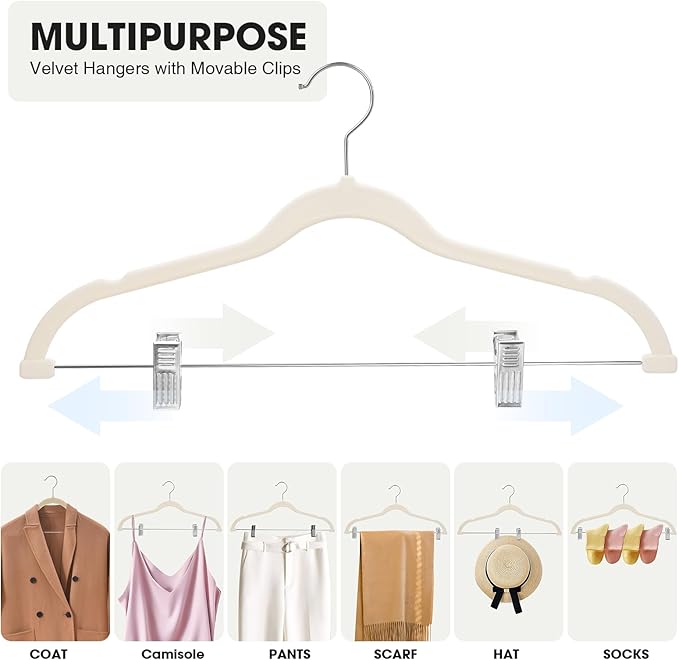 48-Pack Beige Velvet Hangers with Clips Adjustable,Adult Hangers,Heavy-Duty,Felt,Non-Slip,Space Saving,Slim Outfit Hanger for Pants, Skirts, Suits,Coats, Dresses ect.
