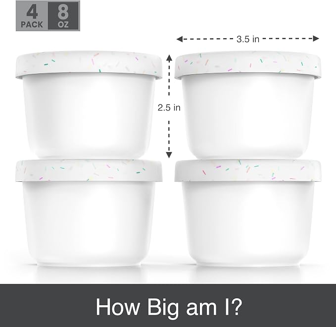 BALCI - 8oz Mini Ice Cream Containers with Silicone Lids (Set of 4) - Freezer Food Storage Containers, Reusable, LeakProof, For Homemade IceCream Containers - White with Sprinkles