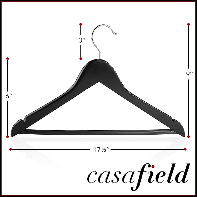 Casafield - 10 Black Wooden Suit Hangers - Premium Lotus Wood with Notches & Chrome Swivel Hook for Dress Clothes, Coats, Jackets, Pants, Shirts, Skirts