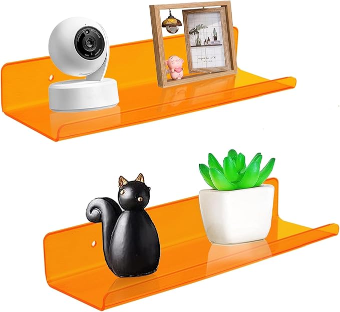 ROYALITA 2-Pack Small Acrylic Shelves Wall Mounted, 12 in Display Shelves | for Small Items, Plants, Room Decor Floating Wall Shelves for Gaming Room, Bedroom, Living Room, Office, Orange