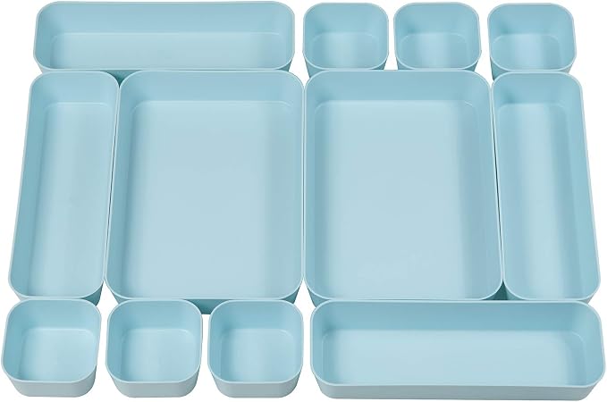 Set Of 12 Blue Color Plastic Desk Drawer Organizers For Makeup Bathroom Office Kitchen Vanity Drawer Storage Box Container