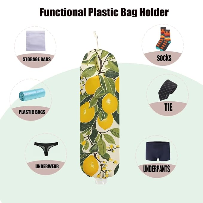 Lemon Plastic Bag Holder for Kitchen Essentials, Summer Wall Mount Grocery Bag Holder for Plastic Bags, Washable Grocery Bags Storage Dispenser for Home Kitchen Decor, Lemon Gifts for Women Mom