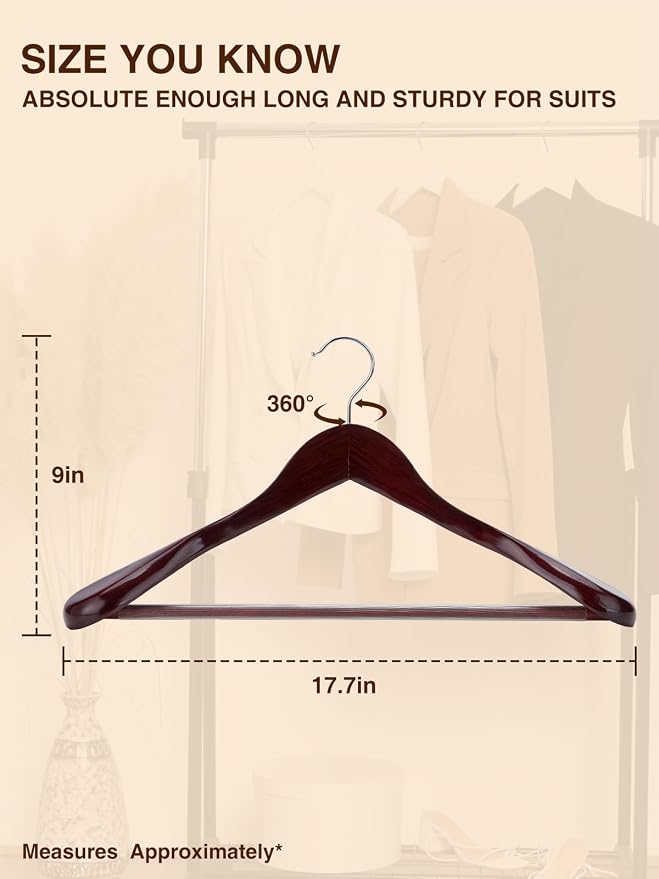 SMARTOR Suit Hangers for Men 8 Pack, Wide Shoulder Wooden Suit Hangers with Non Slip Pant Holder, Wide Hanger for Suit, Coat, Jacket, Gown, Heavy Duty Wood Suit Hanger, Cherry
