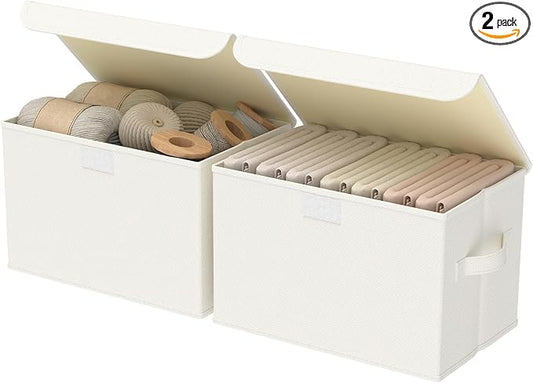 Storage Bin with Lid, Closet Boxes, 2 Pack, Beige, 10.2x7.9x6.7 In | Fabric Organizers System with Cover, Collapsible Stackable Clothes Basket with 2 Handles, for Kitchen Cupboards, TV Consoles