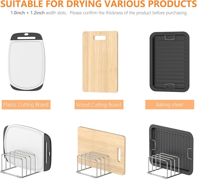 KORRTFID Cutting Board Holder Stand, Chopping Board Storage Rack, Cutting Board Organizer, 304 Stainless Steel Chopping Board Holder, Cookie Sheets Organizer 1.0+1.2 Inch Width Slots (2 PCS)