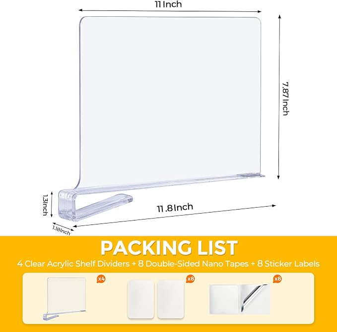 Clear Acrylic Shelf Dividers for Closets Organizer & Storage,12 Pack | Adjustable Vertical Wood Shelf Closet Separators, Keep Clean, for Clothes,Book,Bags, in Bedroom and Kitchen