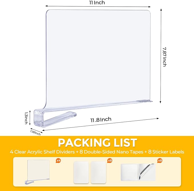 Clear Acrylic Shelf Dividers for Closets Organizer & Storage,6 Pack | Adjustable Vertical Wood Shelf Closet Separators, Keep Clean, for Clothes,Book,Bags, in Bedroom and Kitchen
