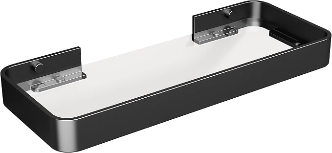 Danpoo 12-Inch Wall Shelf, Clear Tempered Glass with Matte Black Aluminum Frame – Versatile Floating Bathroom Organizer